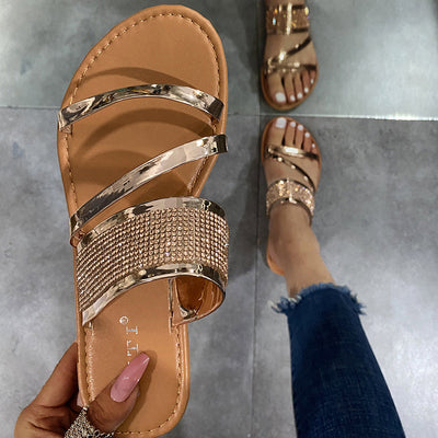 Solid Rhinestone Decoration Flat Sandals