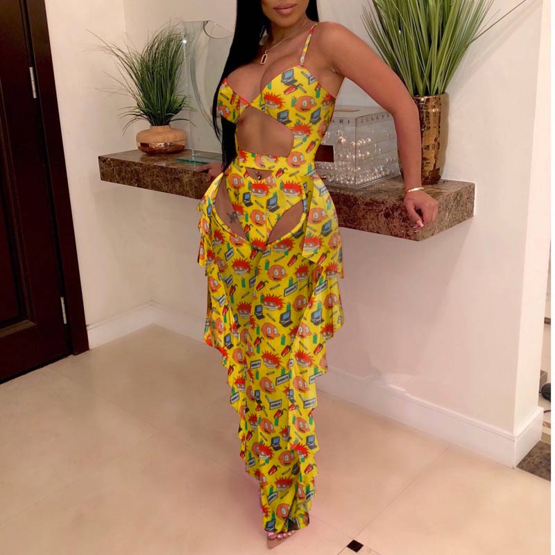 Cartoon Pattern Sheer Mesh Swimsuit Set