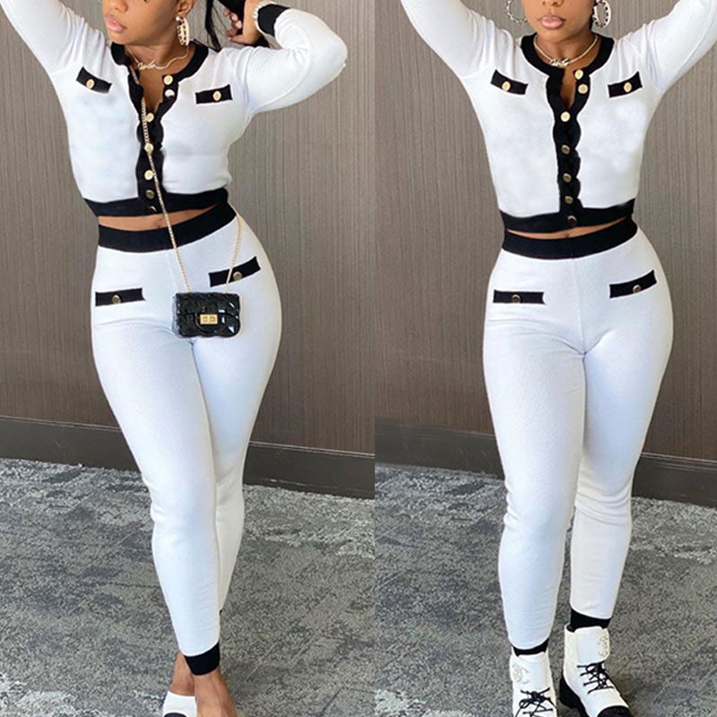 Colorblock Button Detailed Long Sleeve Top & Pants Set