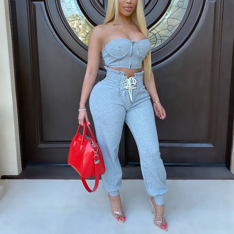 Solid Off Shoulder Lace Up Two Piece Set