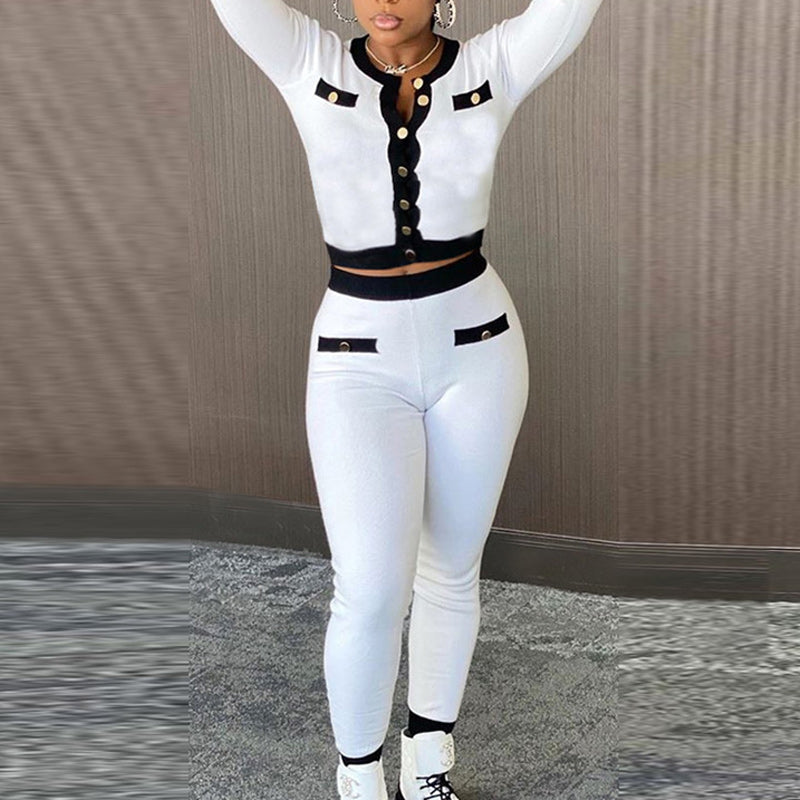 Colorblock Button Detailed Long Sleeve Top & Pants Set