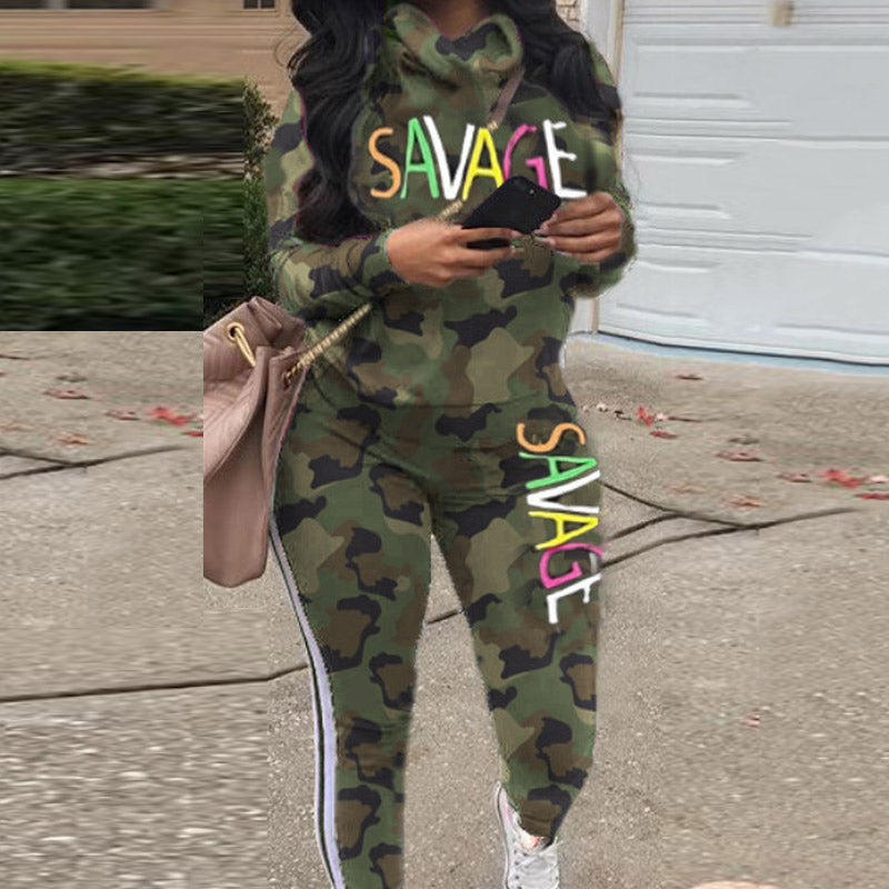Colorblock Letter Print Long Sleeve Two Piece Set