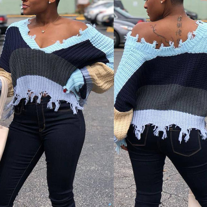 Colorblock V-Neck Bat Sleeve Sweater