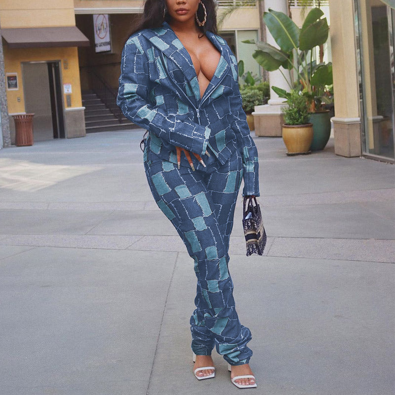 Colorblock Turn-Down Neck Long Sleeve Two Piece Set