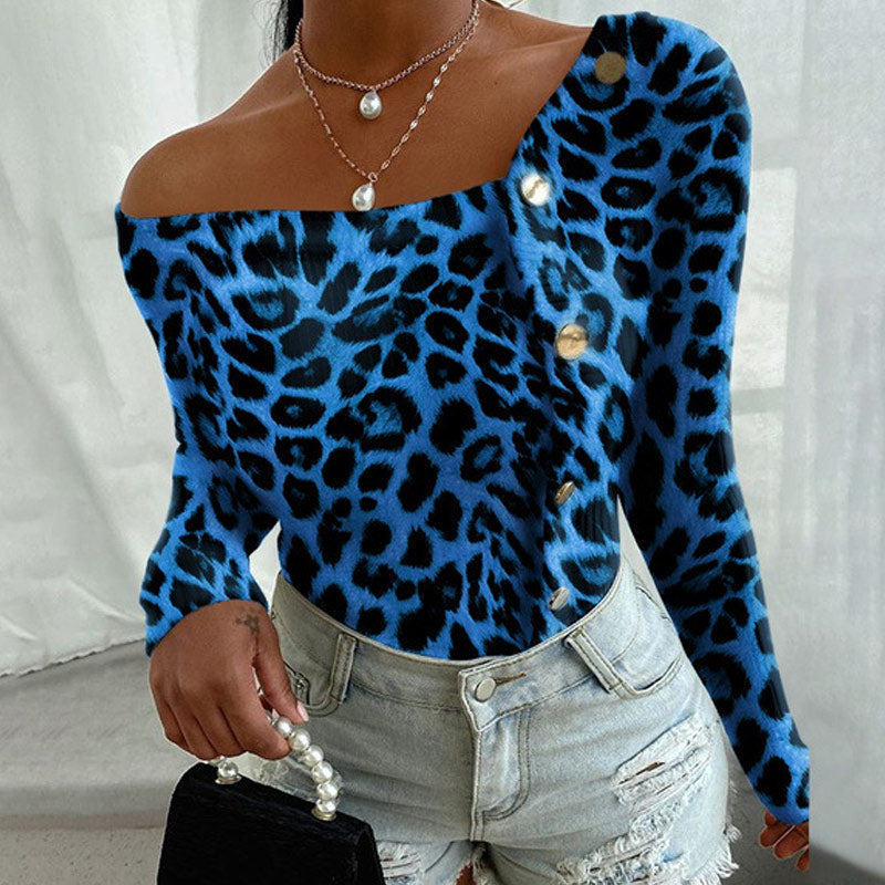 Leopard Print Button Detailed Long Sleeve Top