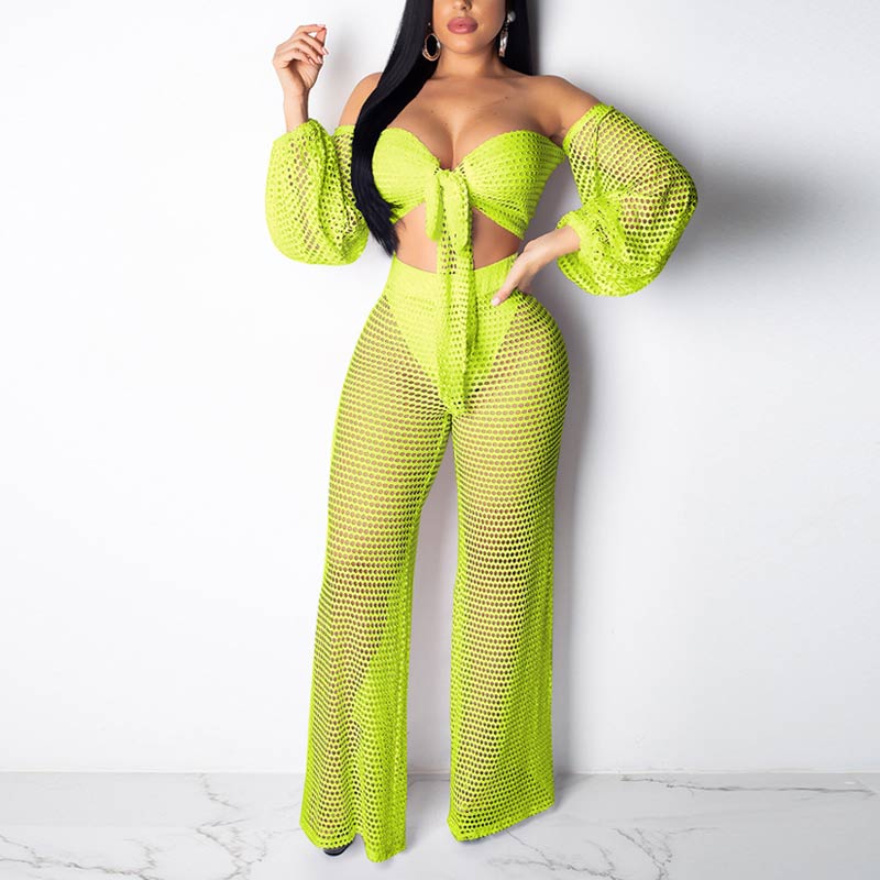 Solid Hollow Out Long Sleeve 2PCS Set