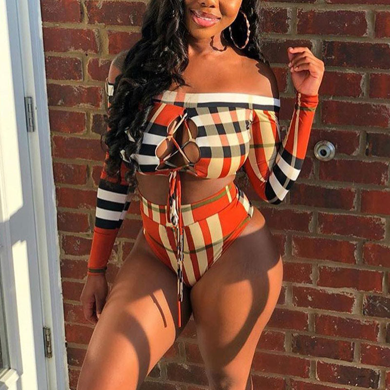 Sexy Plaid Pattern Lace Up Long Sleeve Swimsuit