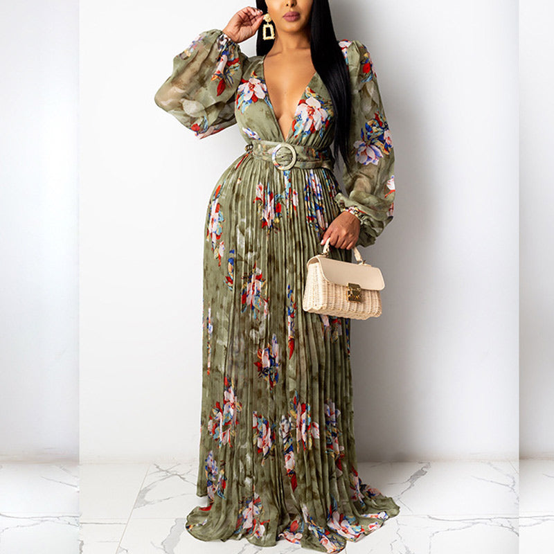 Floral Print V-Neck Pleated Maxi Dress With Belt