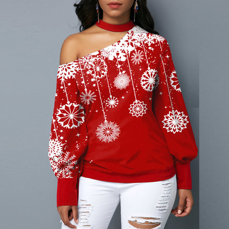 Christmas Snowflake Pattern One Shoulder Top