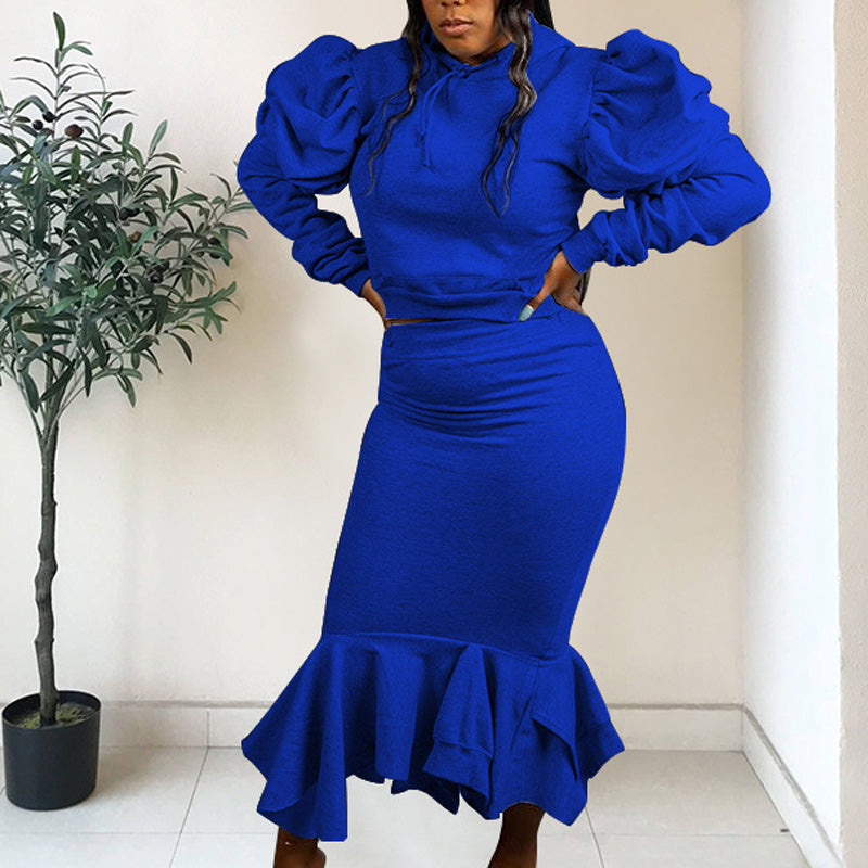 Solid Puff Sleeve Top & Ruffle Skirt Set
