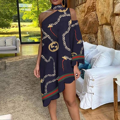 One Shoulder Peacock Floral Print Irregular Dress