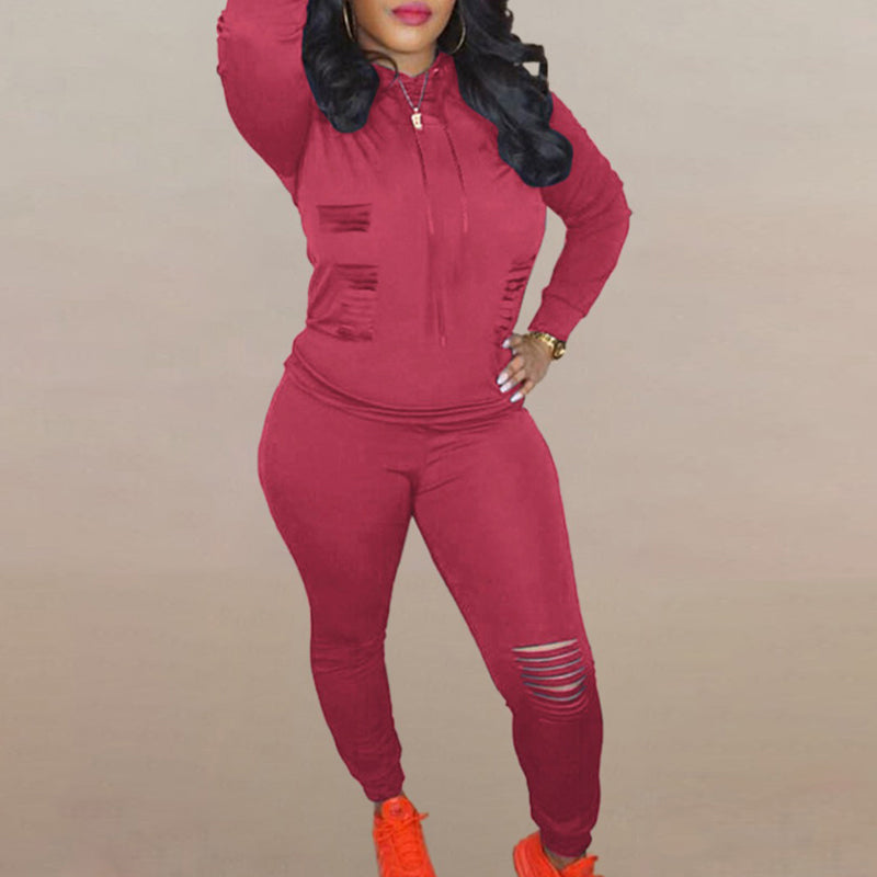 Solid Zipper Design Cut Out Crop Top & Pants Set