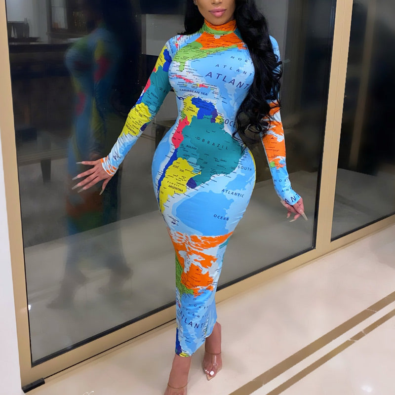 Map Print Tie Dye Long Sleeve Maxi Dress