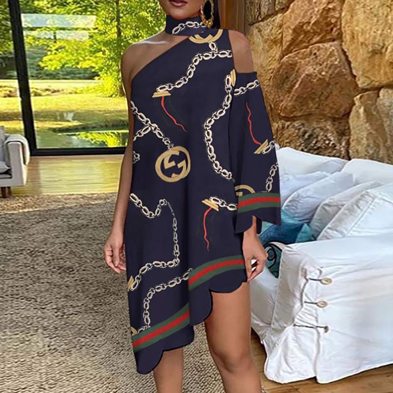 One Shoulder Peacock Floral Print Irregular Dress
