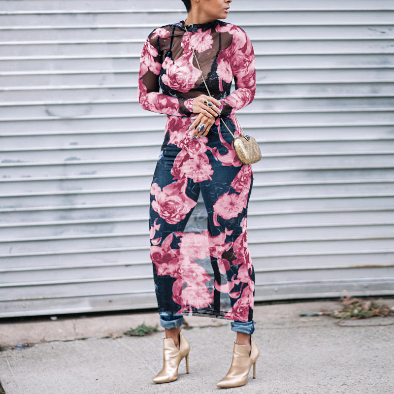 Floral Print Sheer Mesh Long Sleeve Maxi Dress