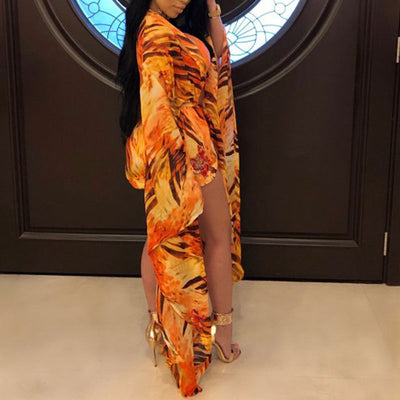 Printed One Piece Swimsuit & Cover Up Set With Belt