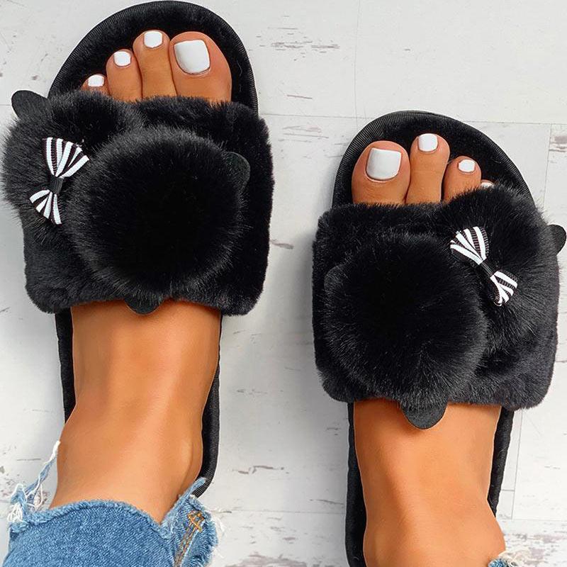 Fluffy Pom Pom Bowknot Embellished Open Toe Flat Slippers - Cherrybetty