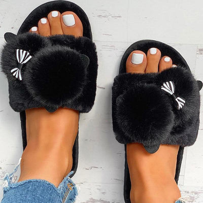 Fluffy Pom Pom Bowknot Embellished Open Toe Flat Slippers - Cherrybetty