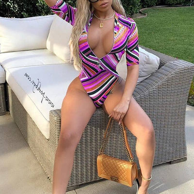Striped Short Sleeve Zipper Design One Piece Swimsuit