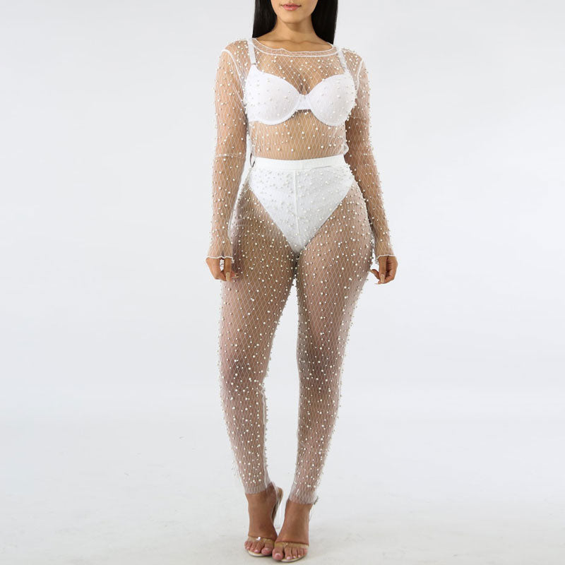 Solid Sheer Mesh Beaded Two Piece Set