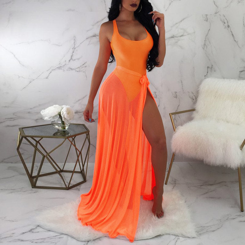 Solid One-Piece Sheer Mesh Cover Up Swimsuit