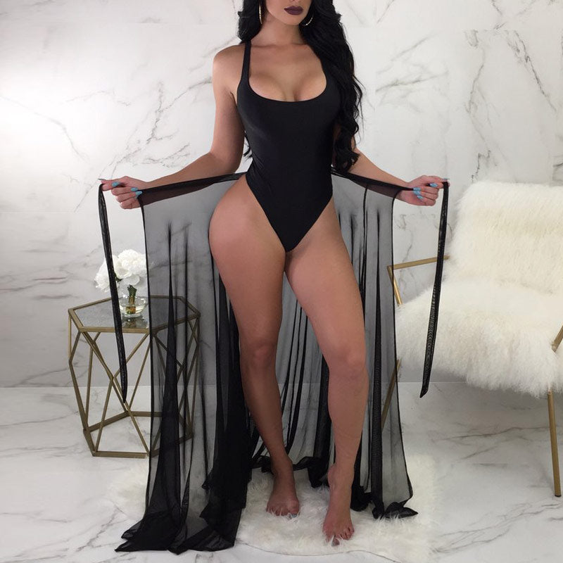 Solid One-Piece Sheer Mesh Cover Up Swimsuit