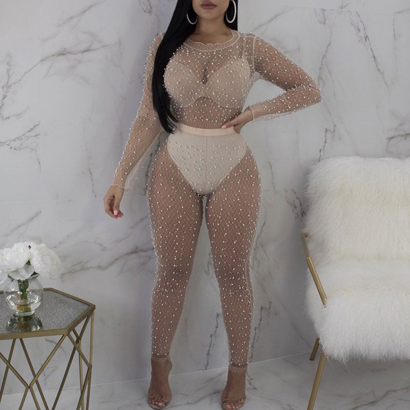 Solid Sheer Mesh Beaded Two Piece Set
