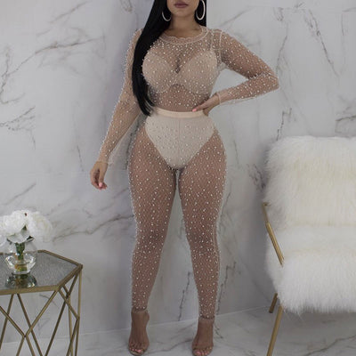 Solid Sheer Mesh Beaded Two Piece Set