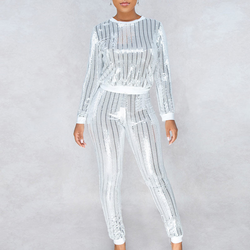 Sequins Long Sleeve Stripe Top & Pants Set