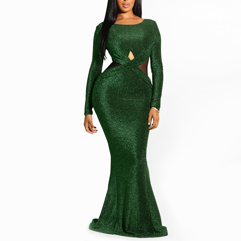 Sheer Mesh Patchwork Cutout Backless Long Sleeve Maxi Party Evening Dress