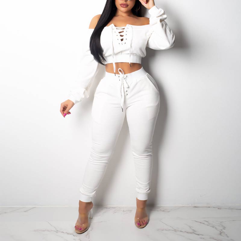 Solid Off Shoulder Long Sleeve Two Piece Set