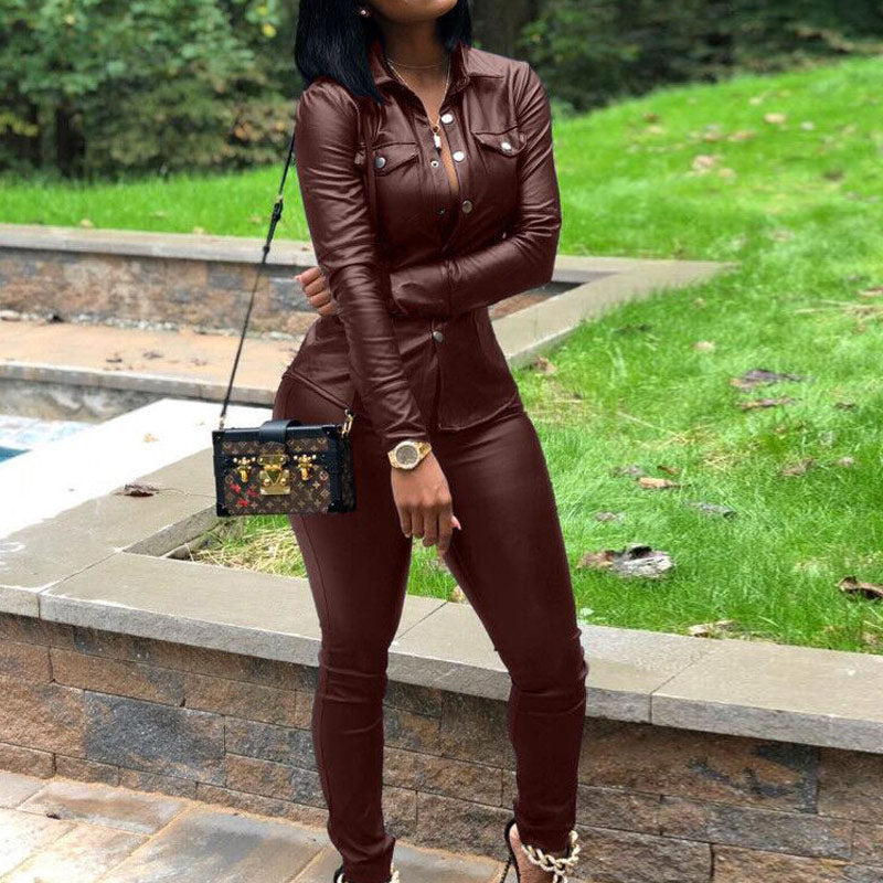 Solid Button Detailed PU Top & Pants Set