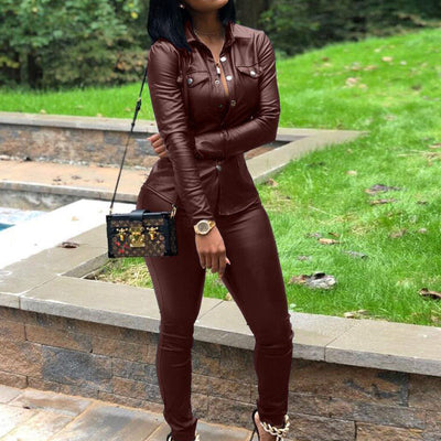 Solid Button Detailed PU Top & Pants Set