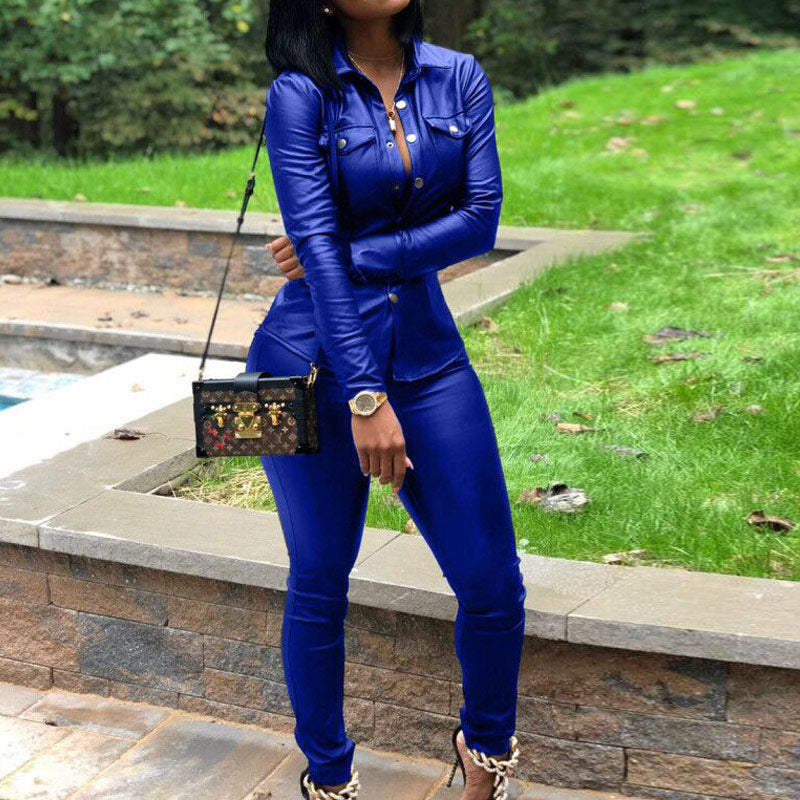 Solid Button Detailed PU Top & Pants Set