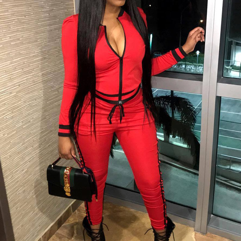 Colorblock V-Neck Zipper Detailed Top & Pants Set
