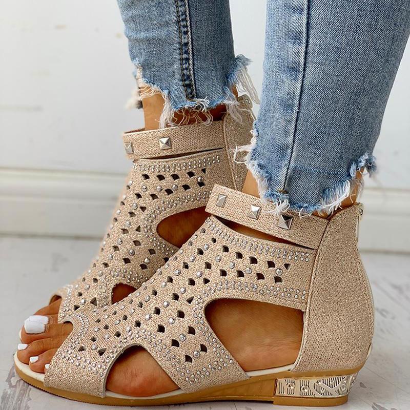 Rivet Detail Cutout Flat Sandals - Shop Shiningbabe - Womens Fashion Online Shopping Offering Huge Discounts on Shoes - Heels, Sandals, Boots, Slippers; Clothing - Tops, Dresses, Jumpsuits, and More.