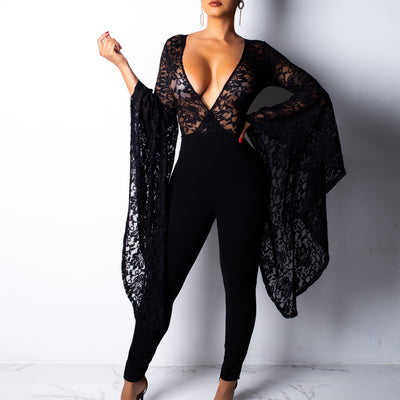 Sexy V-Neck Lace Hollow Out Long Wide Sleeve Jumpsuit