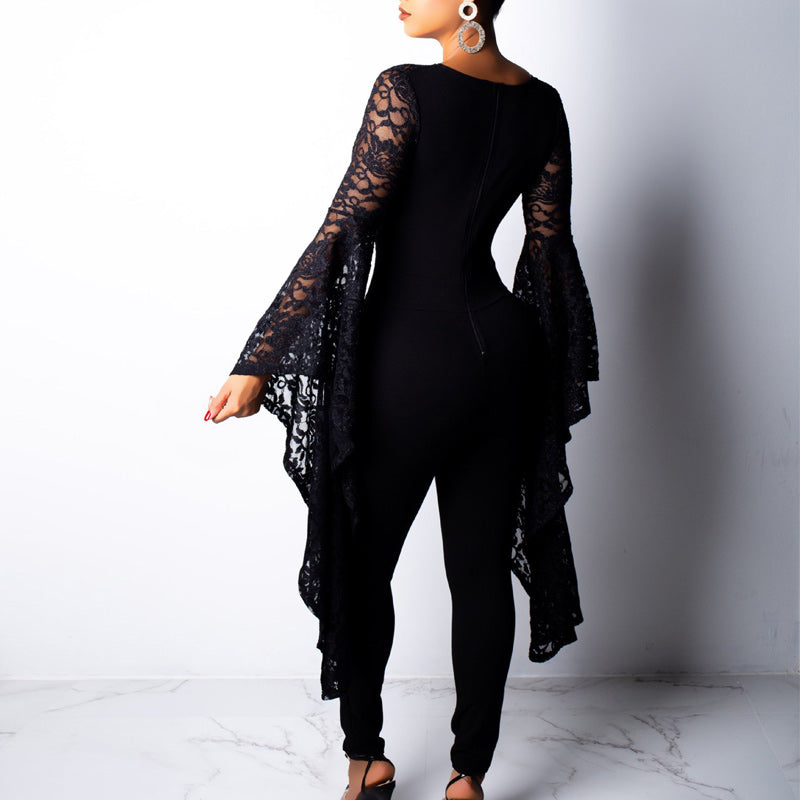 Sexy V-Neck Lace Hollow Out Long Wide Sleeve Jumpsuit