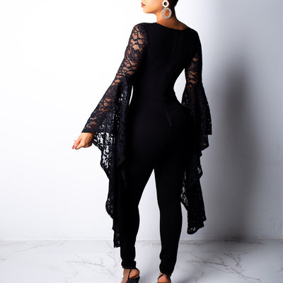 Sexy V-Neck Lace Hollow Out Long Wide Sleeve Jumpsuit