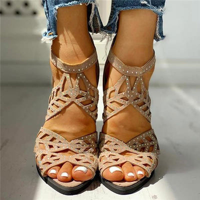 Rhinestone Hollow Out Ankle Strap Chunky Heels