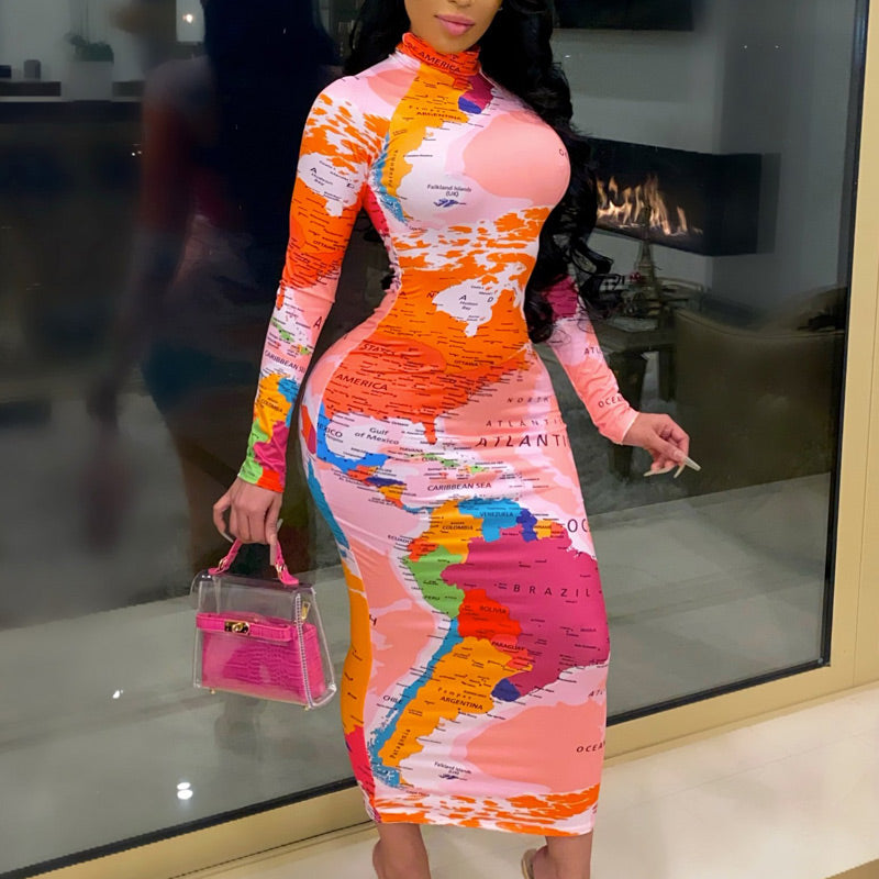 Map Print Tie Dye Long Sleeve Maxi Dress
