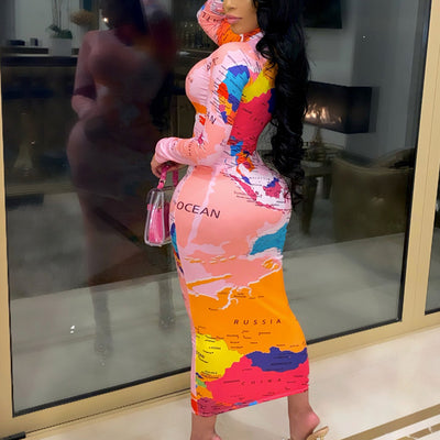 Map Print Tie Dye Long Sleeve Maxi Dress