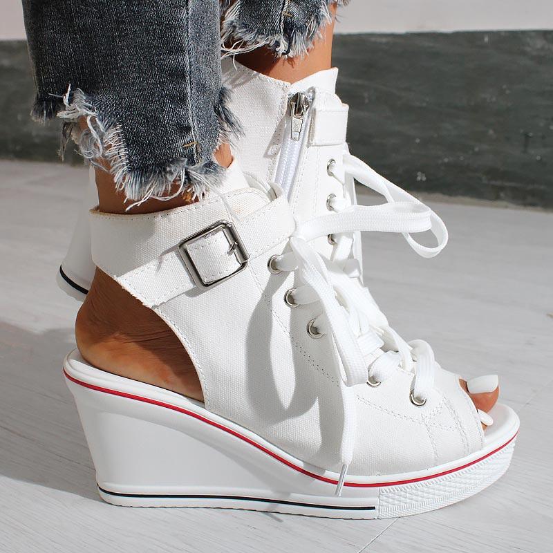 Open-toe Openwork Canvas Wedge Sandals - Cherrybetty