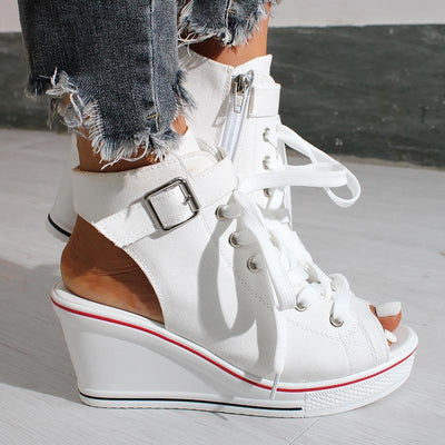Open-toe Openwork Canvas Wedge Sandals - Cherrybetty