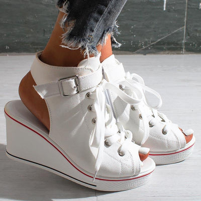 Open-toe Openwork Canvas Wedge Sandals - Cherrybetty