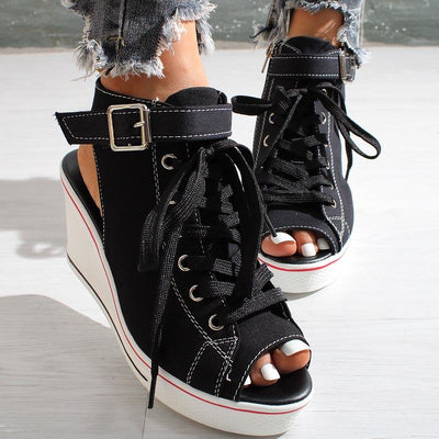 Open-toe Openwork Canvas Wedge Sandals - Cherrybetty
