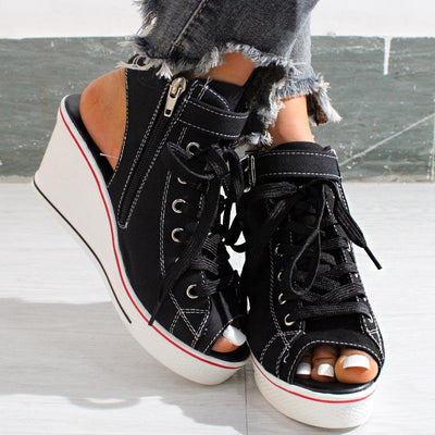 Open-toe Openwork Canvas Wedge Sandals - Cherrybetty
