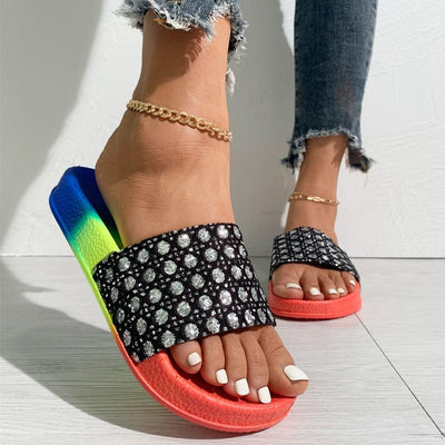 Colorblock Rhinestone Flat Sandals - Cherrybetty