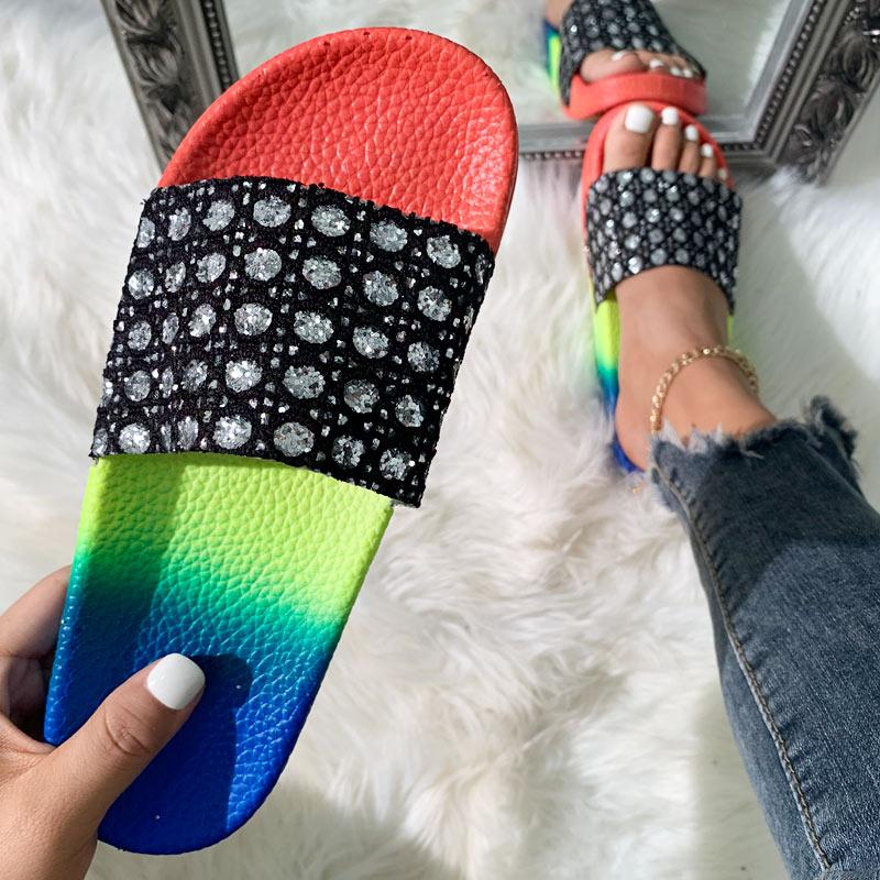 Colorblock Rhinestone Flat Sandals - Cherrybetty