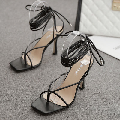 Lace Up Square Toe High Heels